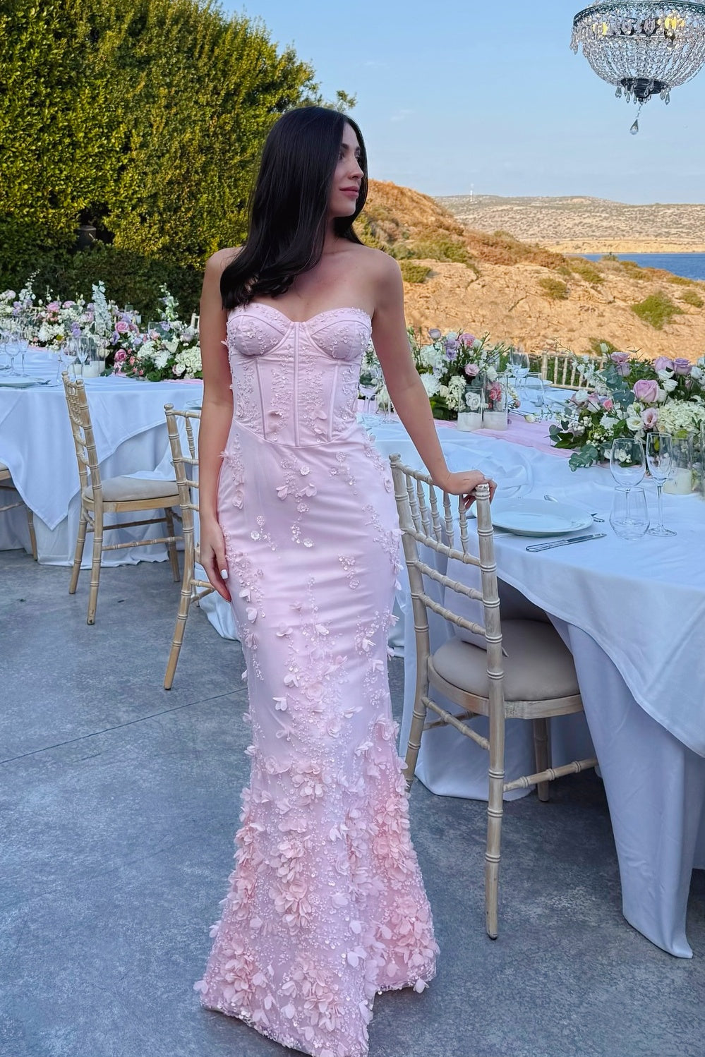 Pink Tulle 3D Flowers Floor-length Prom Dress