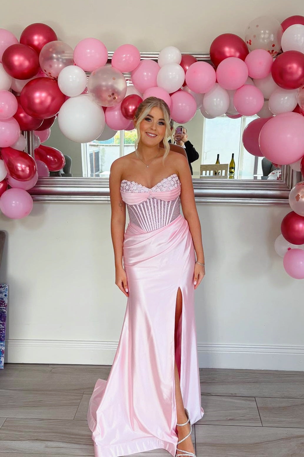 Beaded Corset Pink Ruched Mermaid Long Dress