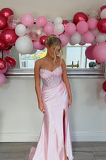 Beaded Corset Pink Ruched Mermaid Long Dress