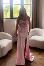 Beaded Corset Pink Ruched Mermaid Long Dress