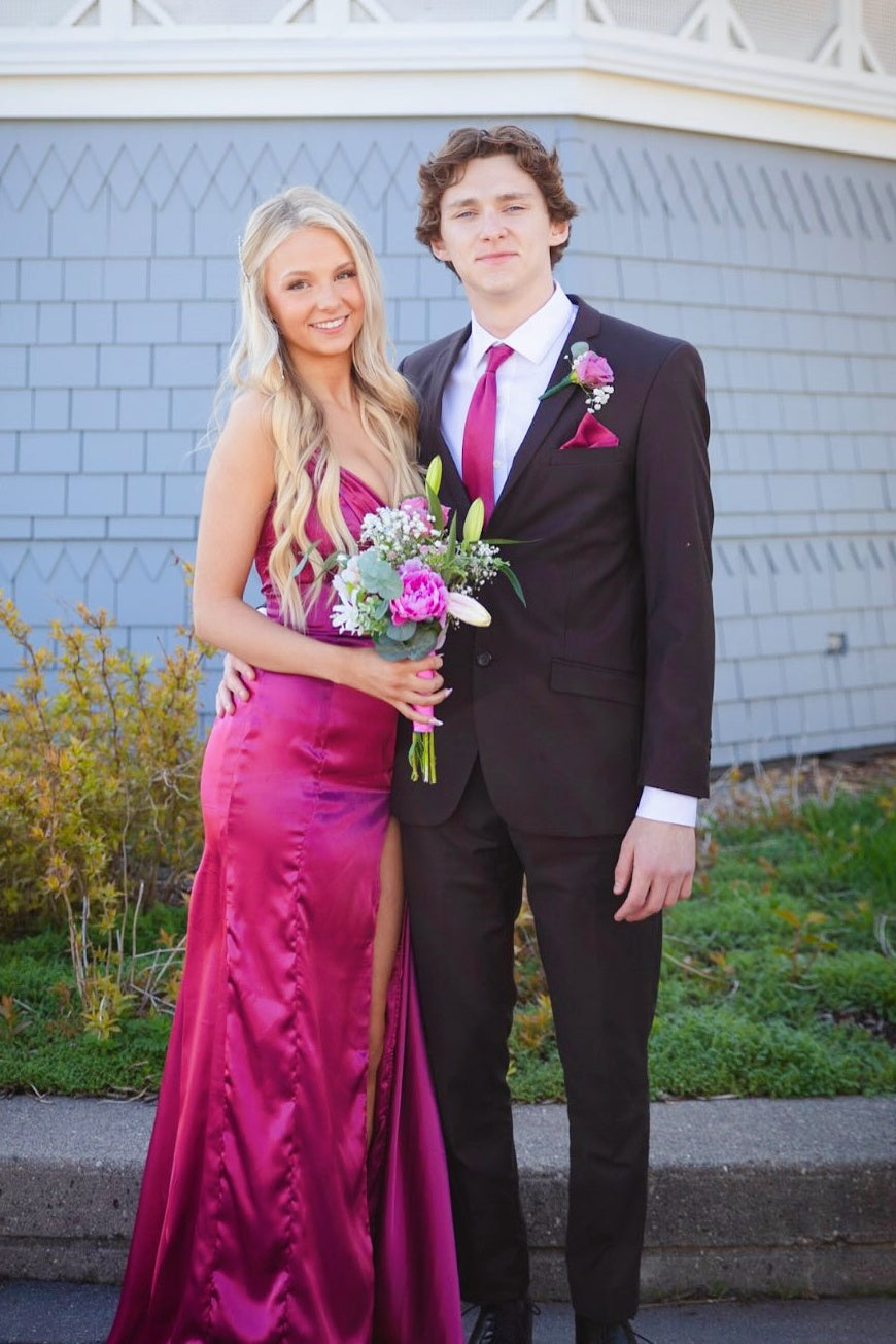 V-neck Fuchsia Satin Long Prom Dress