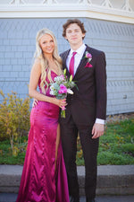 V-neck Fuchsia Satin Long Prom Dress