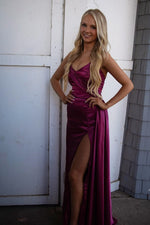 V-neck Fuchsia Satin Long Prom Dress