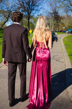 V-neck Fuchsia Satin Long Prom Dress
