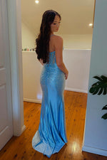 Spaghetti Straps Blue Mermaid Beaded Long Prom Dress