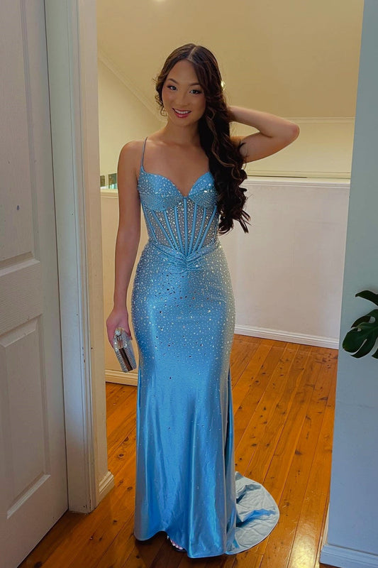 Spaghetti Straps Blue Mermaid Beaded Long Prom Dress