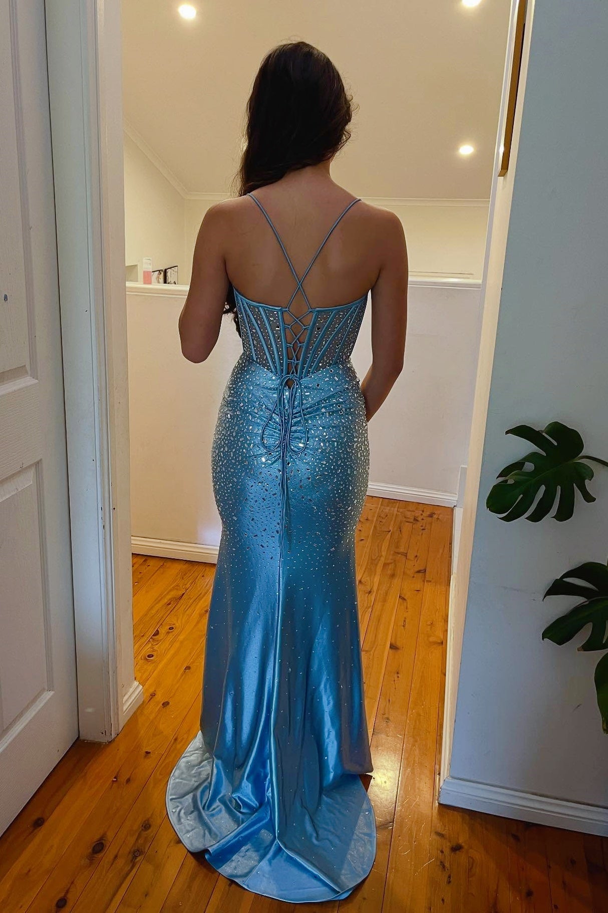 Spaghetti Straps Blue Mermaid Beaded Long Prom Dress