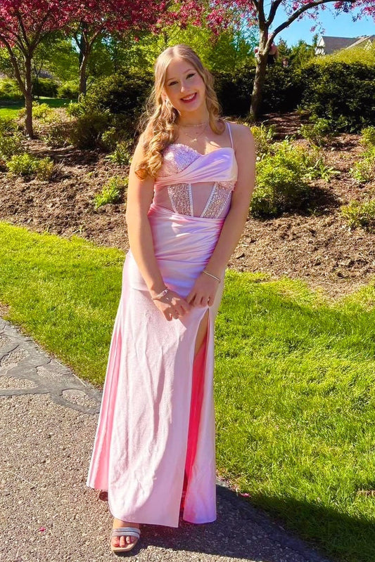 Straps Pink Corset Mermaid Long Prom Dress