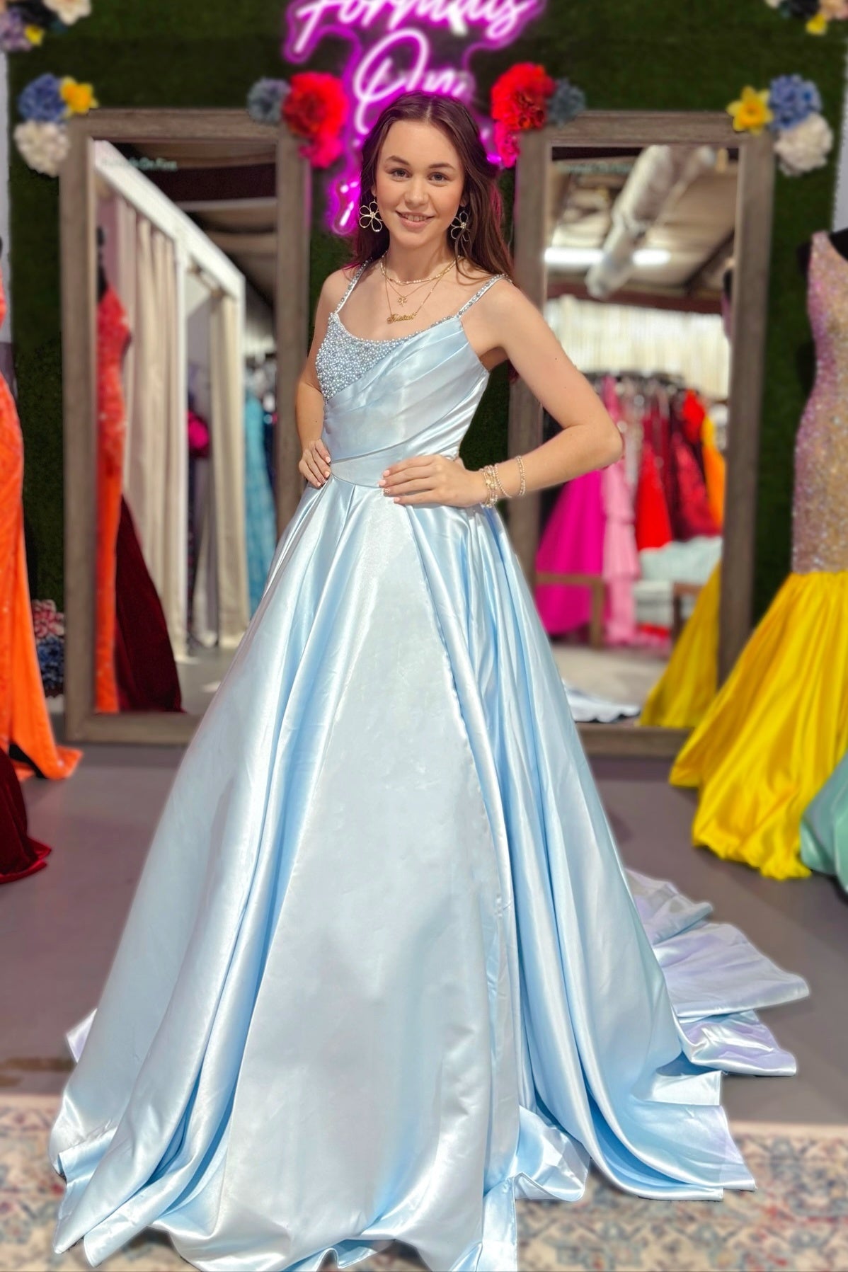 Spaghetti Straps Beaded Light Blue Ball Prom Dress