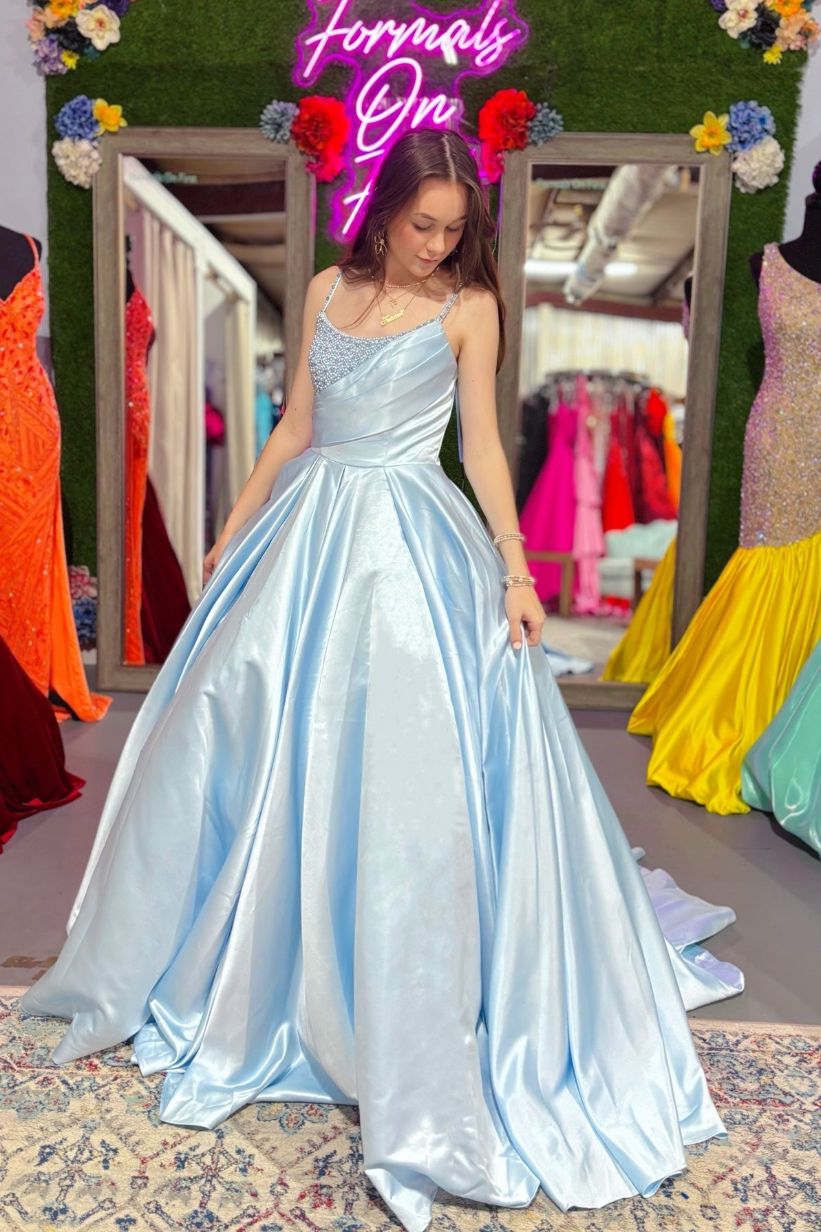 Spaghetti Straps Beaded Light Blue Ball Prom Dress