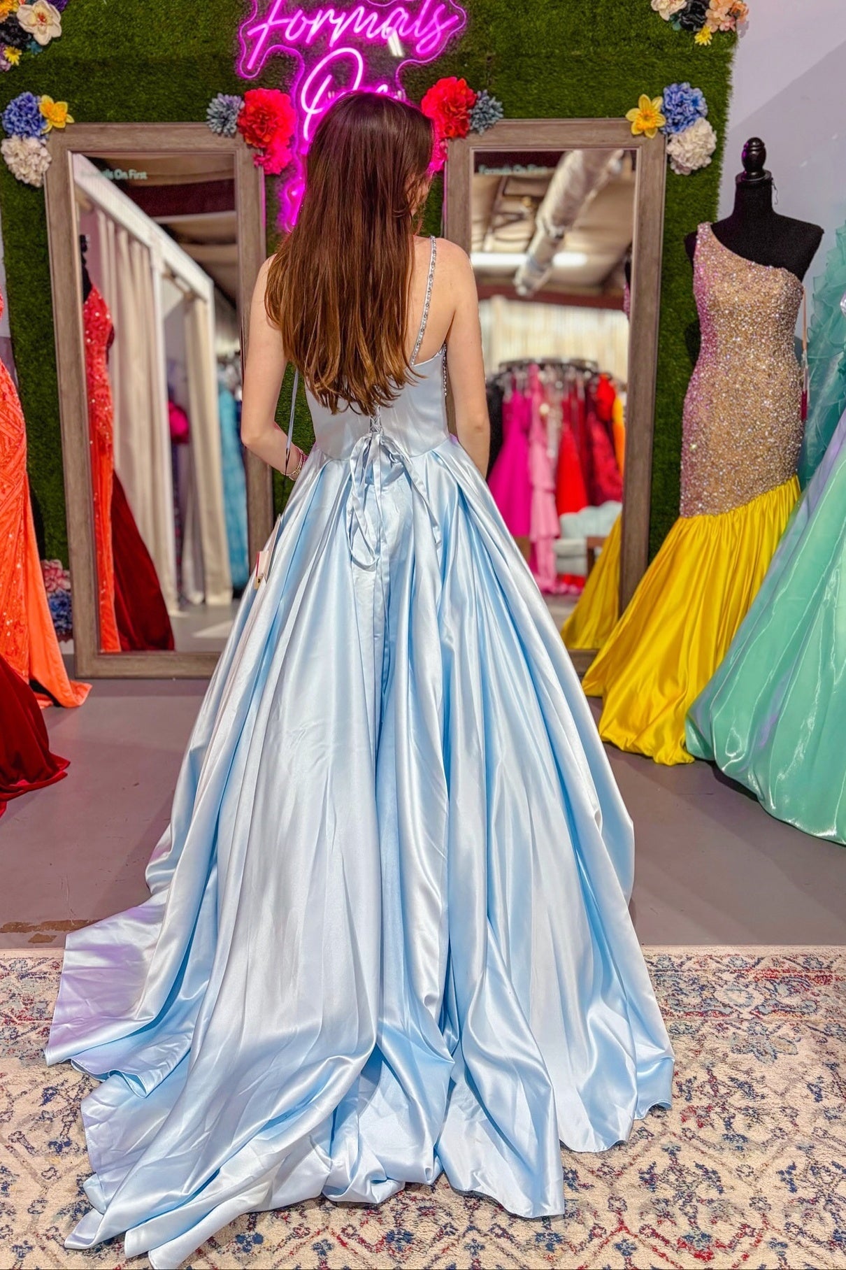 Spaghetti Straps Beaded Light Blue Ball Prom Dress