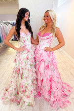 Lavender Print Sweetheart Floral Tiered A-line Prom Dress