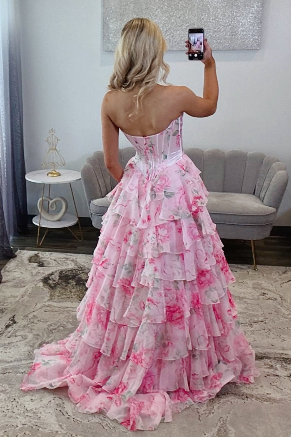 Lavender Print Sweetheart Floral Tiered A-line Prom Dress