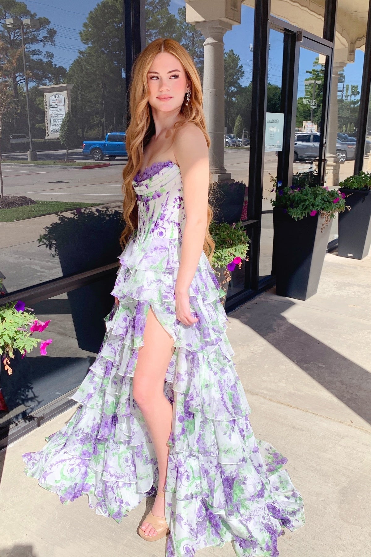 Lavender Print Sweetheart Floral Tiered A-line Prom Dress