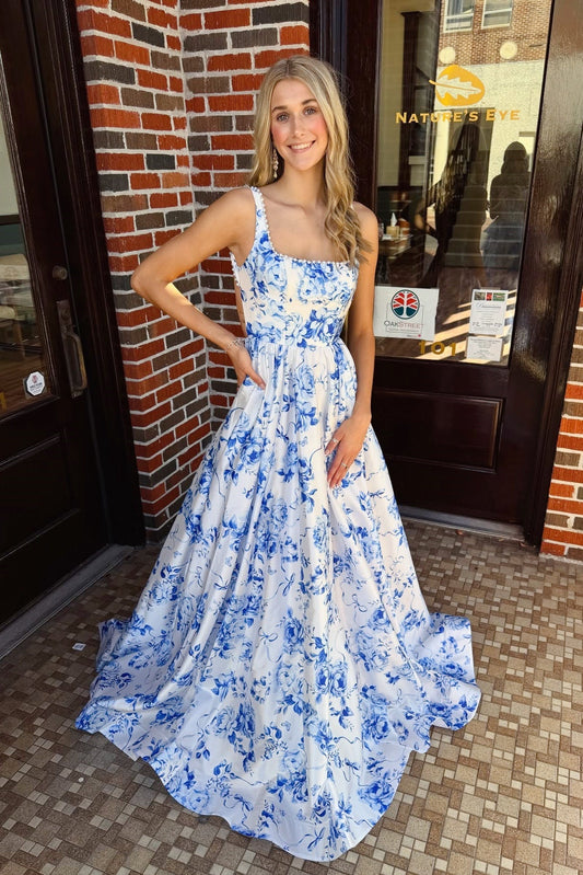 Blue Print Floral Beaded A-line Prom Dress