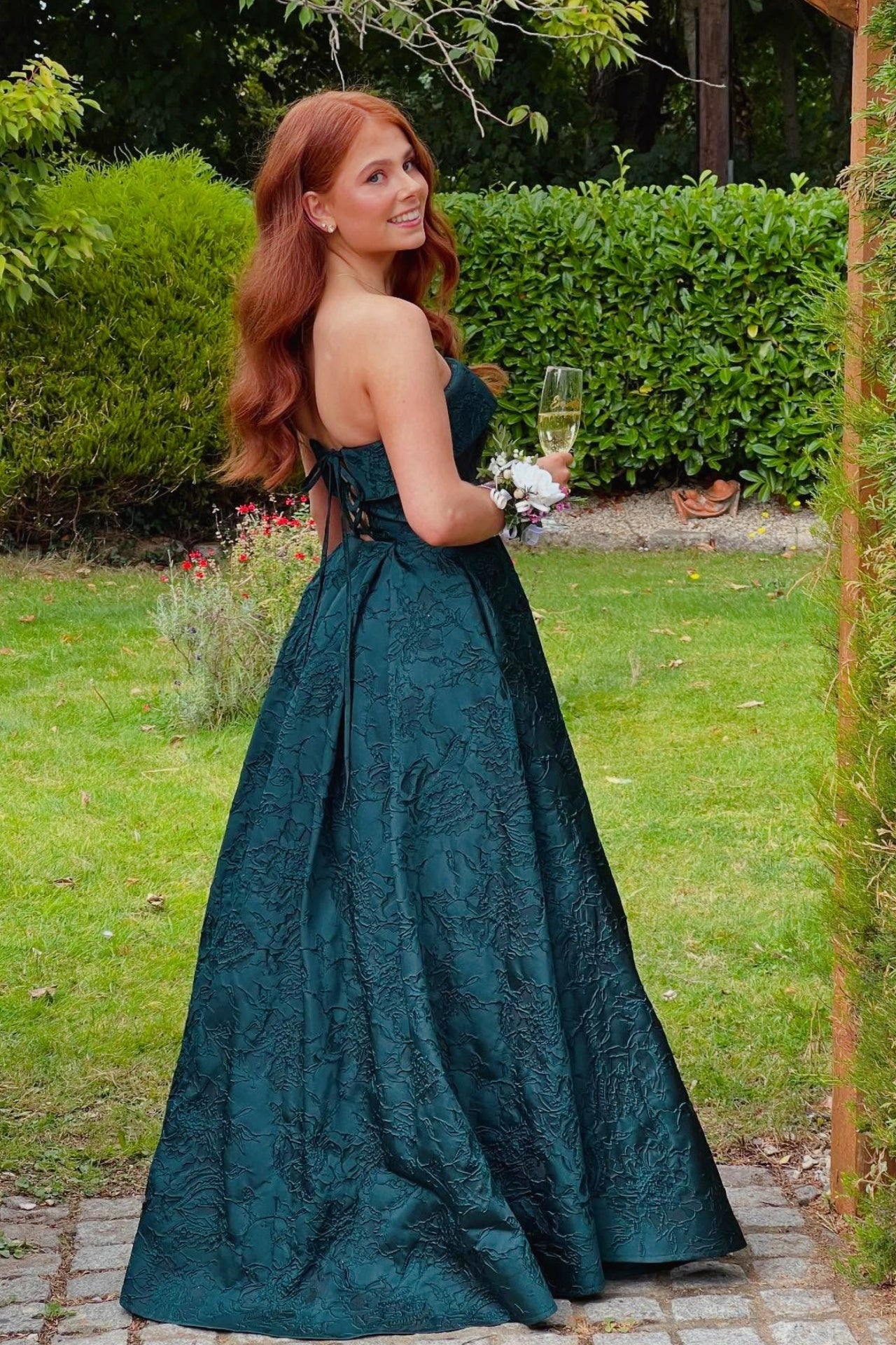 Burgundy Strapless Jacquard A-Line Prom Dress