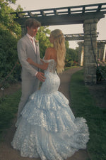 Light Blue Off-the-shoulder Tiered Long Mermaid Dress