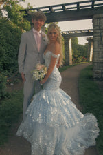 Light Blue Off-the-shoulder Tiered Long Mermaid Dress