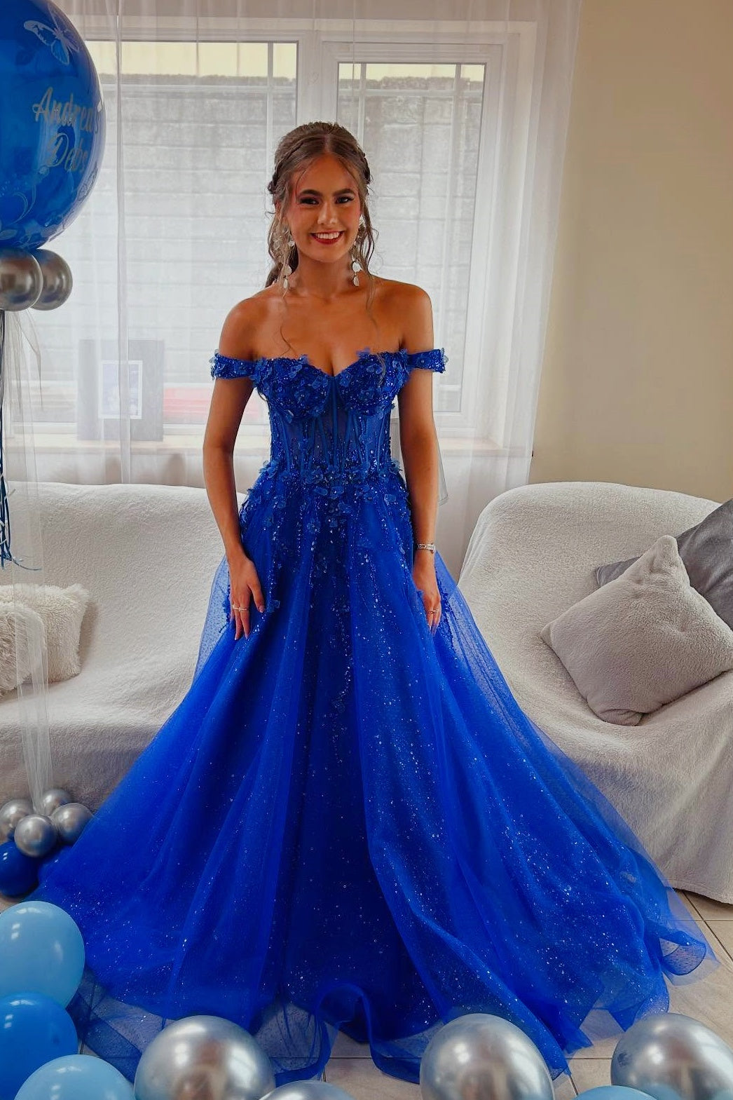 Royal Blue Glitter Tulle Off-the-Shoulder A-Line Gown