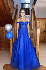 Royal Blue Glitter Tulle Off-the-Shoulder A-Line Gown