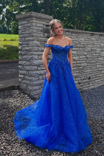 Royal Blue Glitter Tulle Off-the-Shoulder A-Line Gown