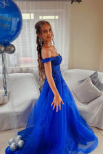 Royal Blue Glitter Tulle Off-the-Shoulder A-Line Gown