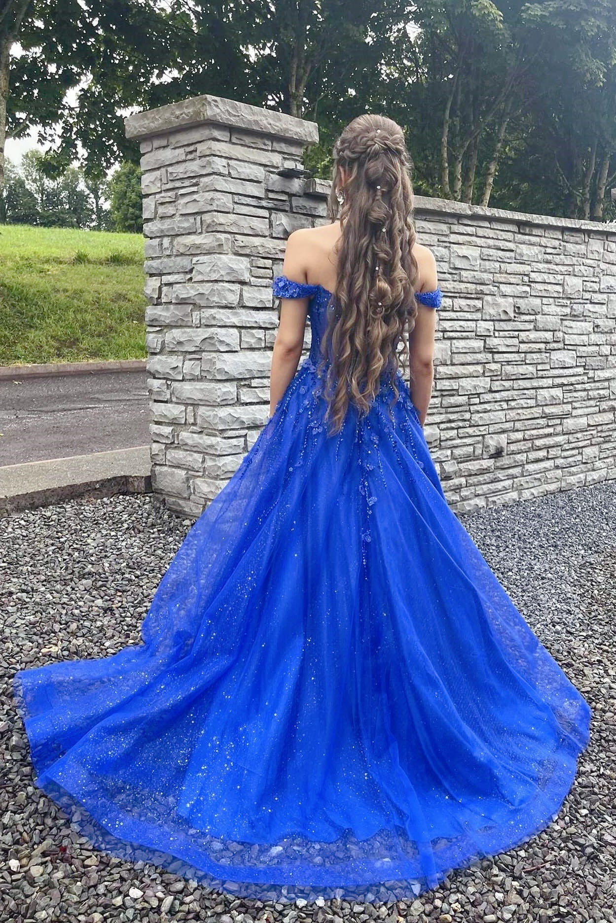 Royal Blue Glitter Tulle Off-the-Shoulder A-Line Gown