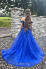 Royal Blue Glitter Tulle Off-the-Shoulder A-Line Gown