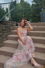 Pink Beaded Floral Mermaid Ruffle Long Dress