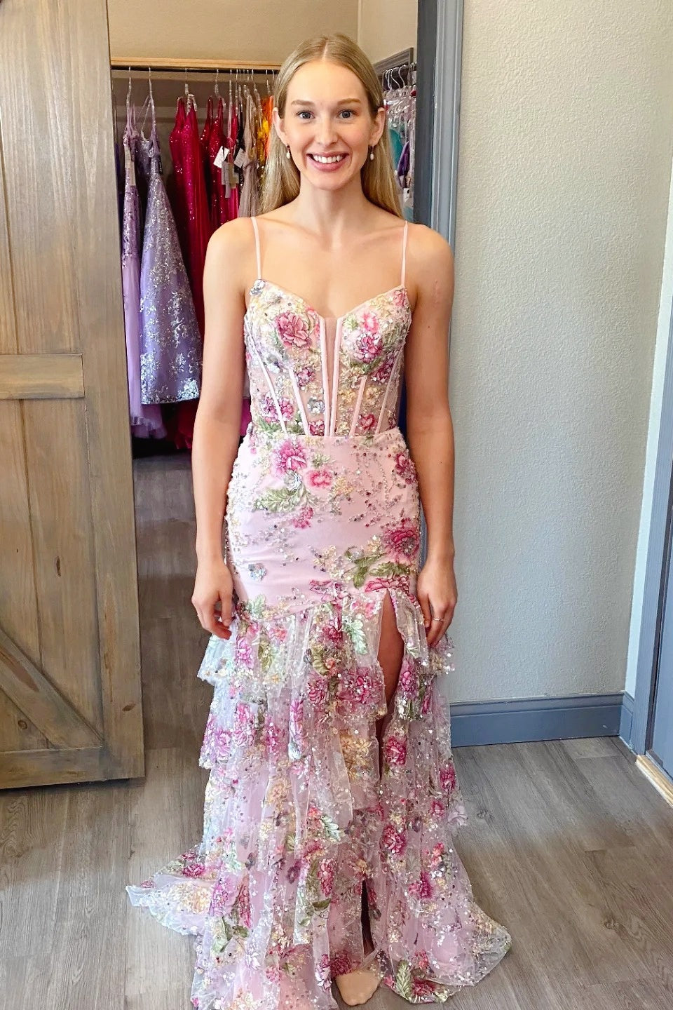 Pink Beaded Floral Mermaid Ruffle Long Dress