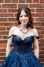 Navy Blue Sequin Off-the-Shoulder A-Line Prom Dress