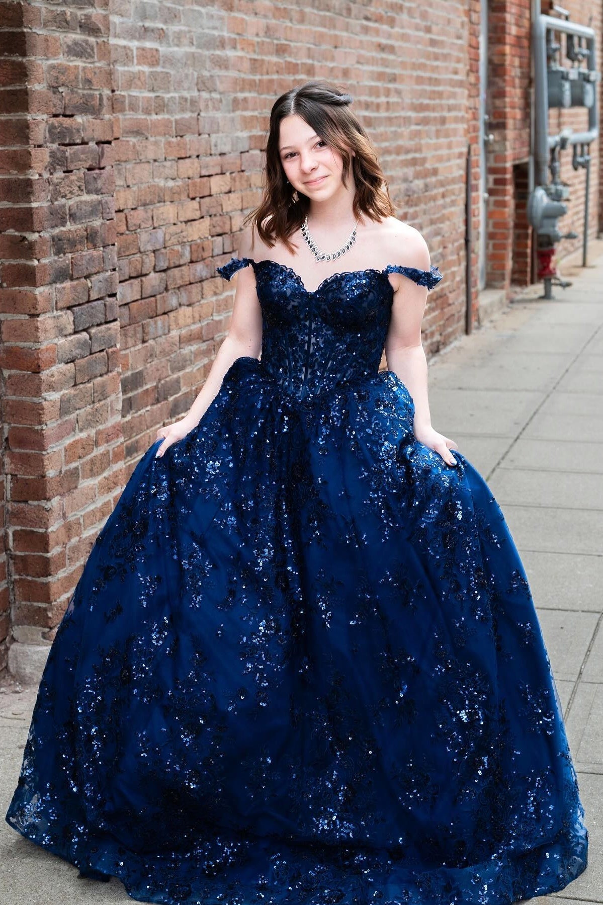 Navy Blue Sequin Off-the-Shoulder A-Line Prom Dress