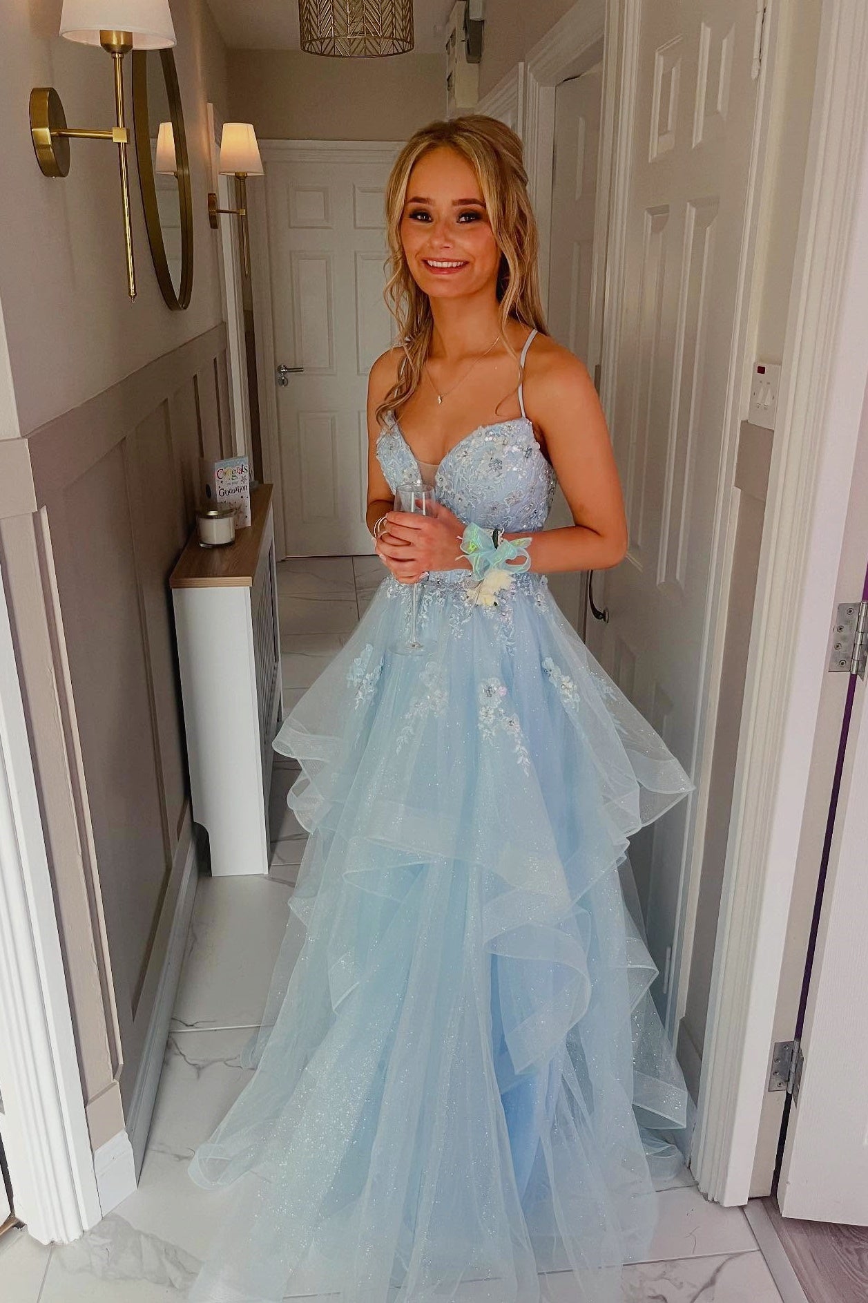 Light Blue Spaghetti Strap V-Neck Ruffle A-Line Prom Dress
