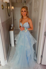 Light Blue Spaghetti Strap V-Neck Ruffle A-Line Prom Dress