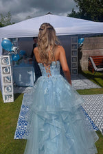 Light Blue Spaghetti Strap V-Neck Ruffle A-Line Prom Dress