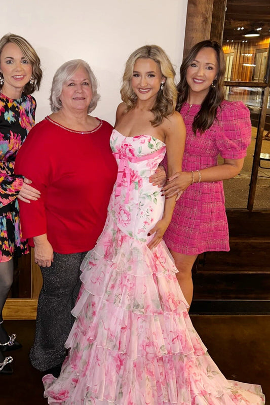 Pink Floral Bow Ruffled Mermaid Gown