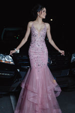 Pink Spaghetti Straps V-neck Mermaid Prom Dress