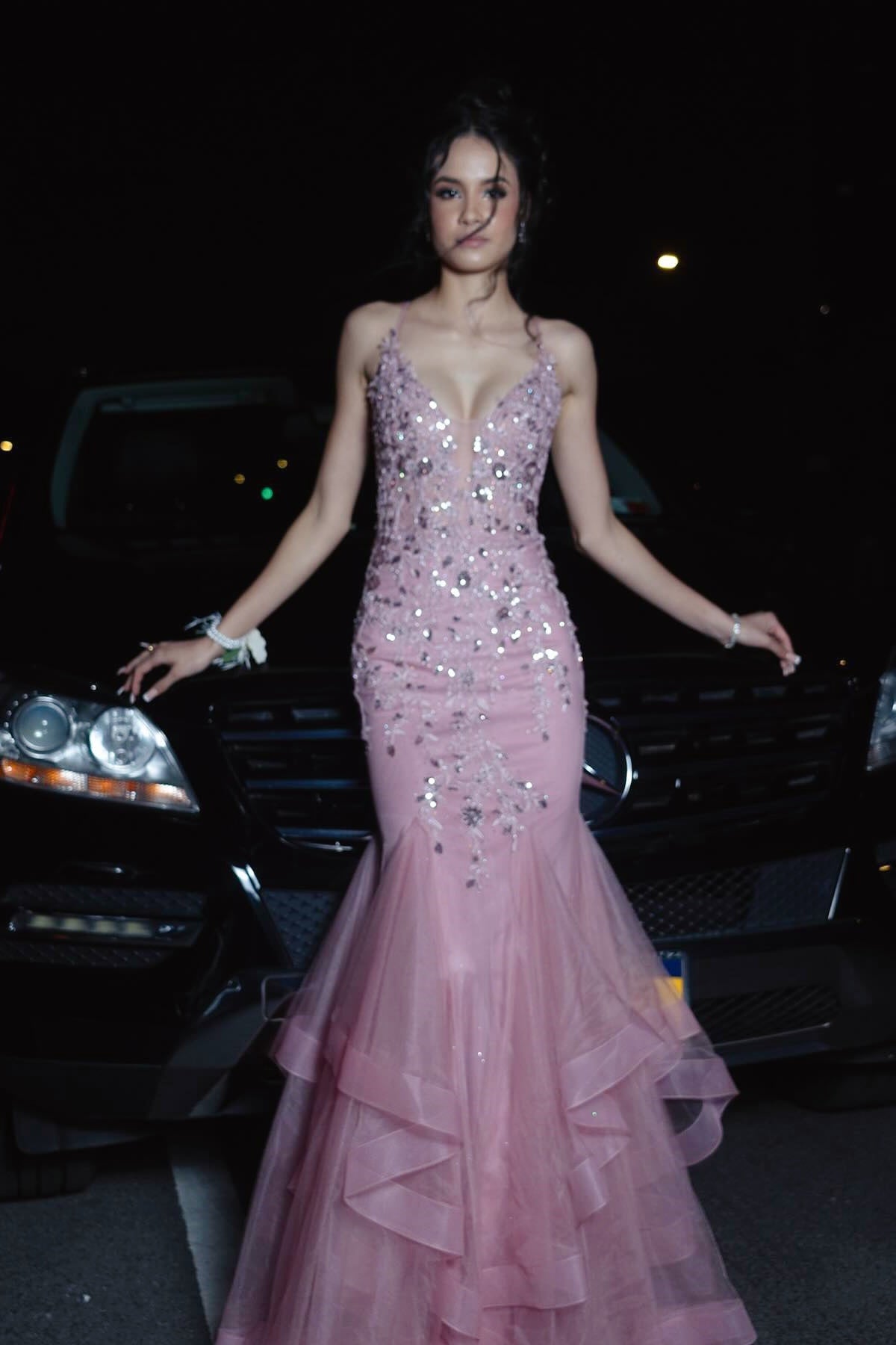 Pink Spaghetti Straps V-neck Mermaid Prom Dress