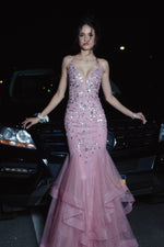 Pink Spaghetti Straps V-neck Mermaid Prom Dress