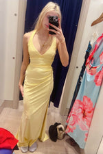 Straps V-Neck Yellow Satin Slit Party Dress