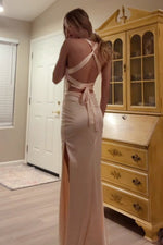 Straps V-Neck Yellow Satin Slit Party Dress