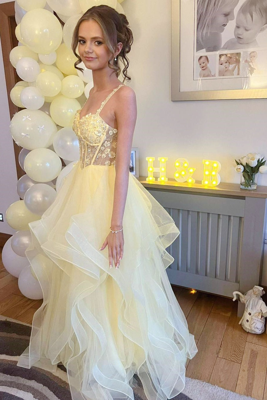 Yellow Sweetheart 3D Floral Spaghetti Straps A-line Dress