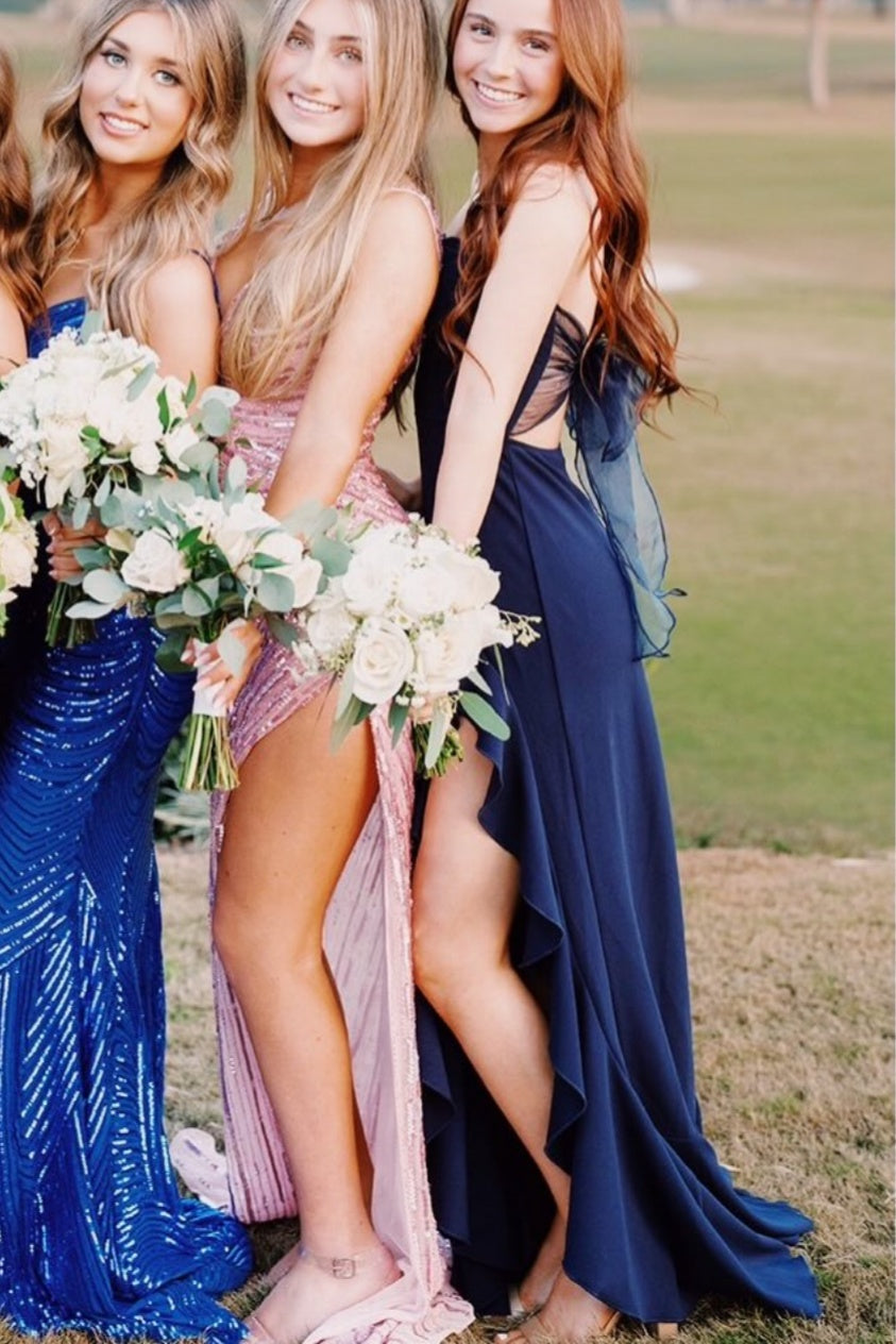 Cyan Slit Strapless A-line Dress