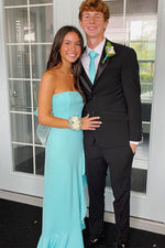 Cyan Slit Strapless A-line Dress