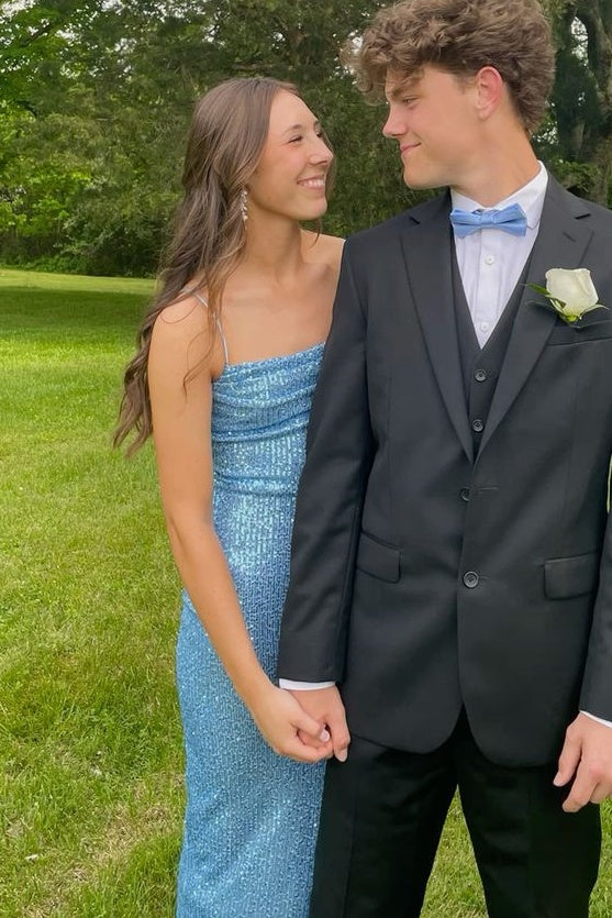 Blue Sequin Straps Fitted Long Dress