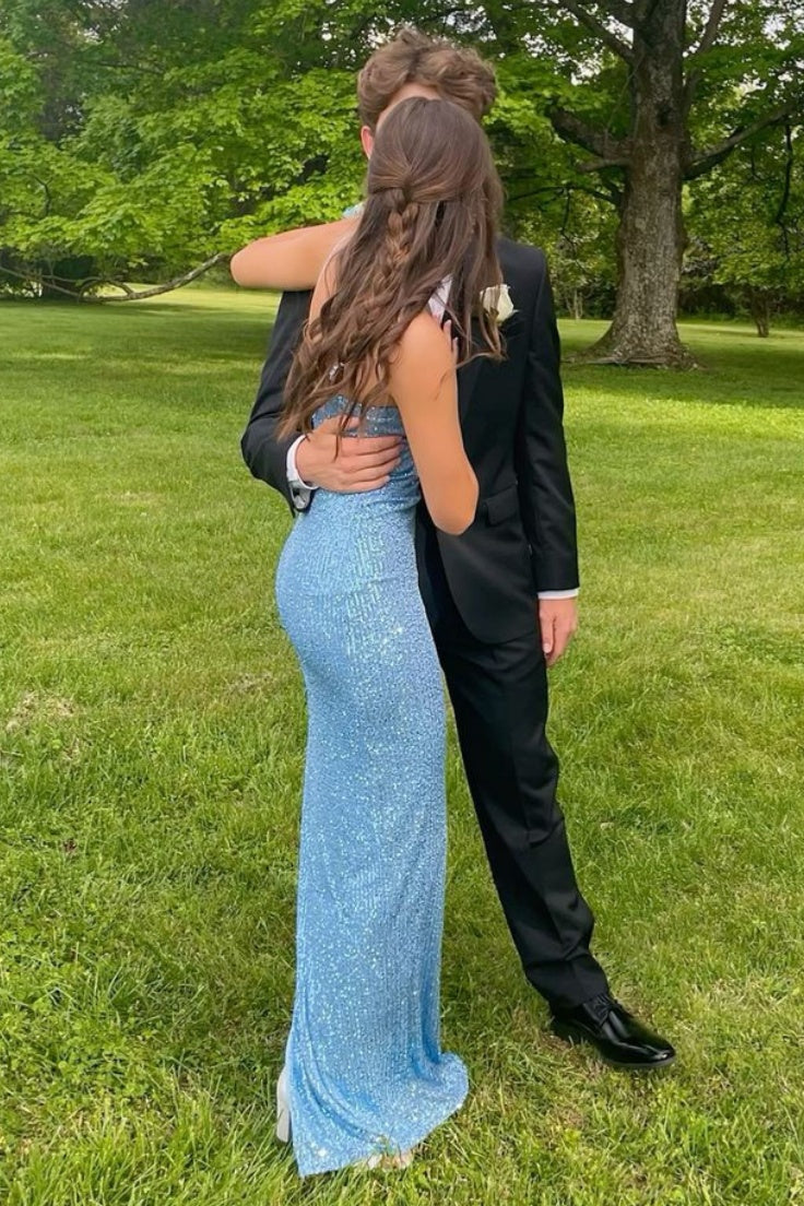 Blue Sequin Straps Fitted Long Dress