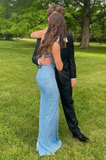 Blue Sequin Straps Fitted Long Dress
