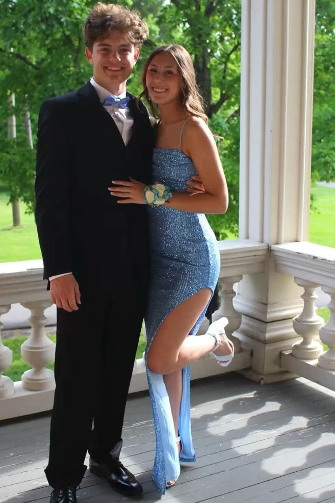 Blue Sequin Straps Fitted Long Dress