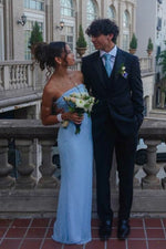Blue Sequin Straps Fitted Long Dress