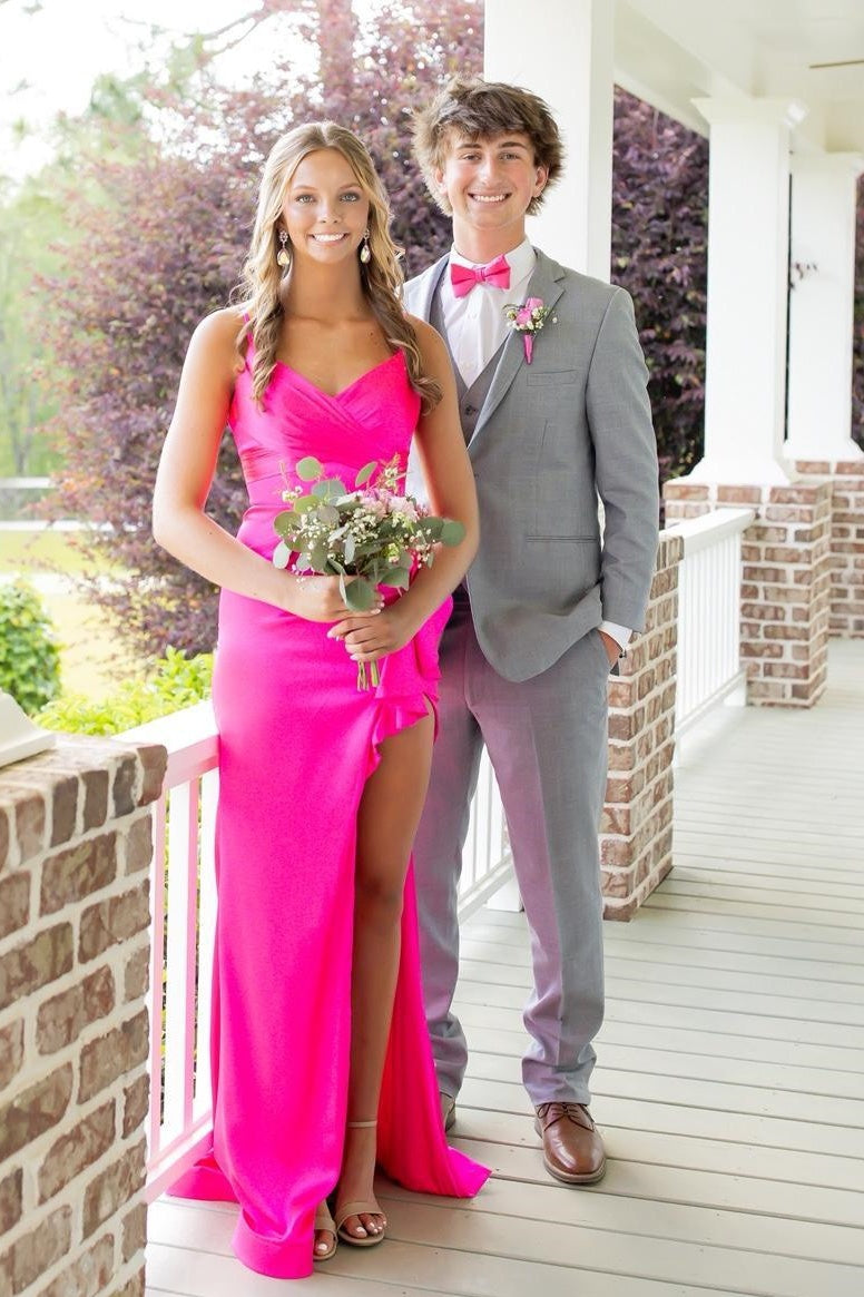 Fuchsia Spaghetti Strap V-Neck Slit Mermaid Dress